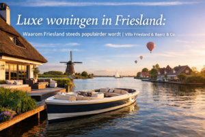 Luxe villa in Friesland met grote open sloep aan de aanlegsteiger, tuin en water op de achtergrond