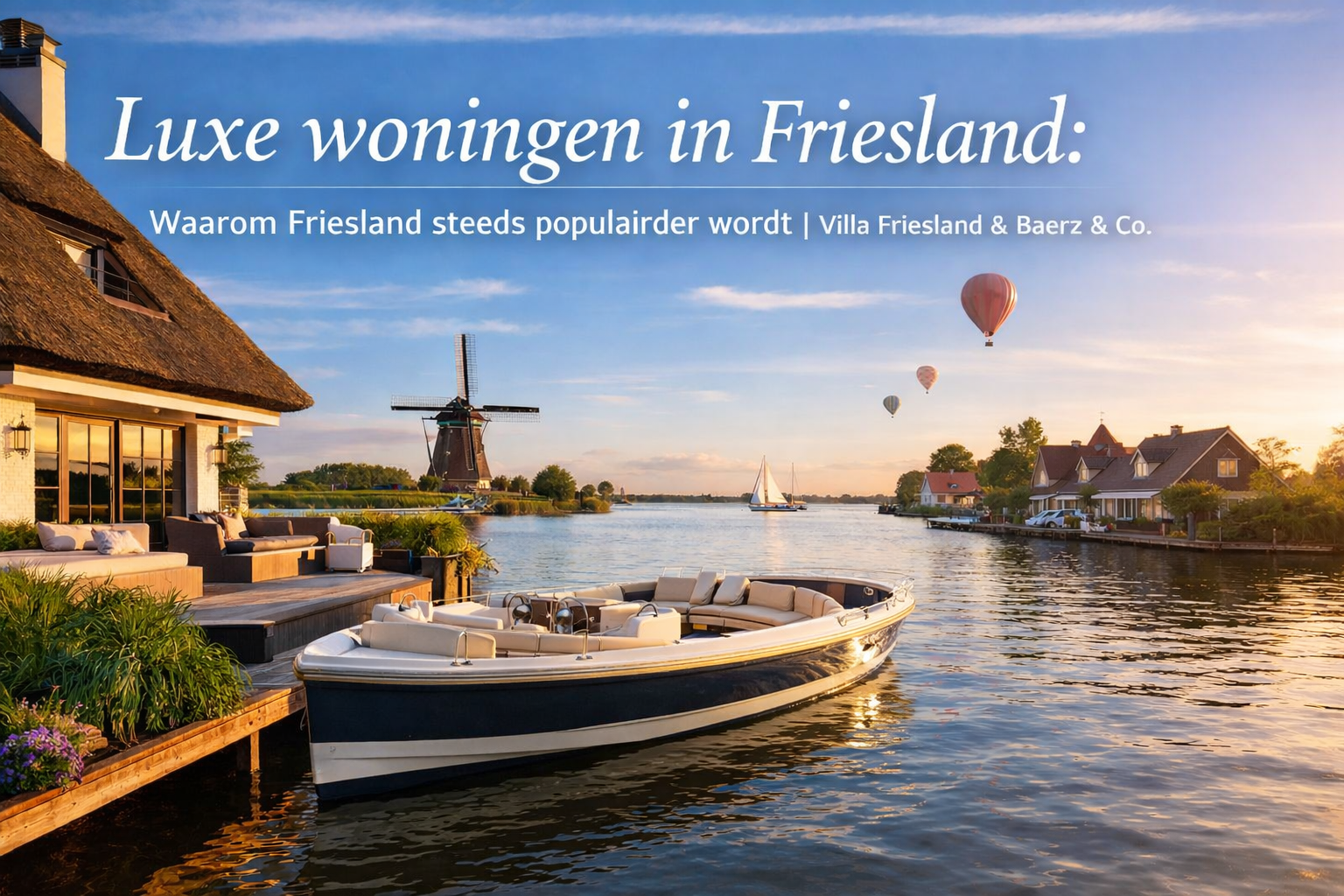 Luxe villa in Friesland met grote open sloep aan de aanlegsteiger, tuin en water op de achtergrond