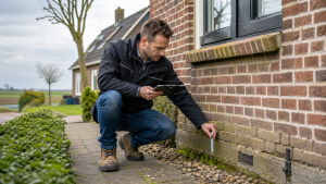 Man onderzoekt de fundering van een woning in Friesland