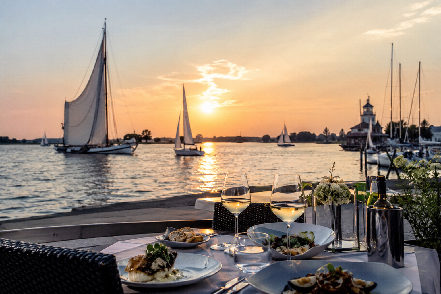 Zeilboten en sfeervol diner aan het water tijdens zonsondergang in Friesland